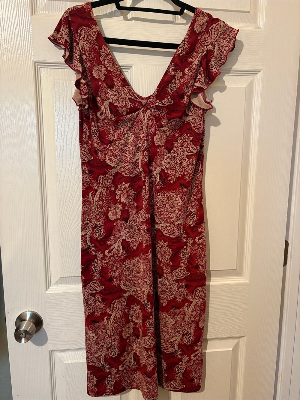 My Michelle Red Paisley Midi Dress with Ruffle Sleeves